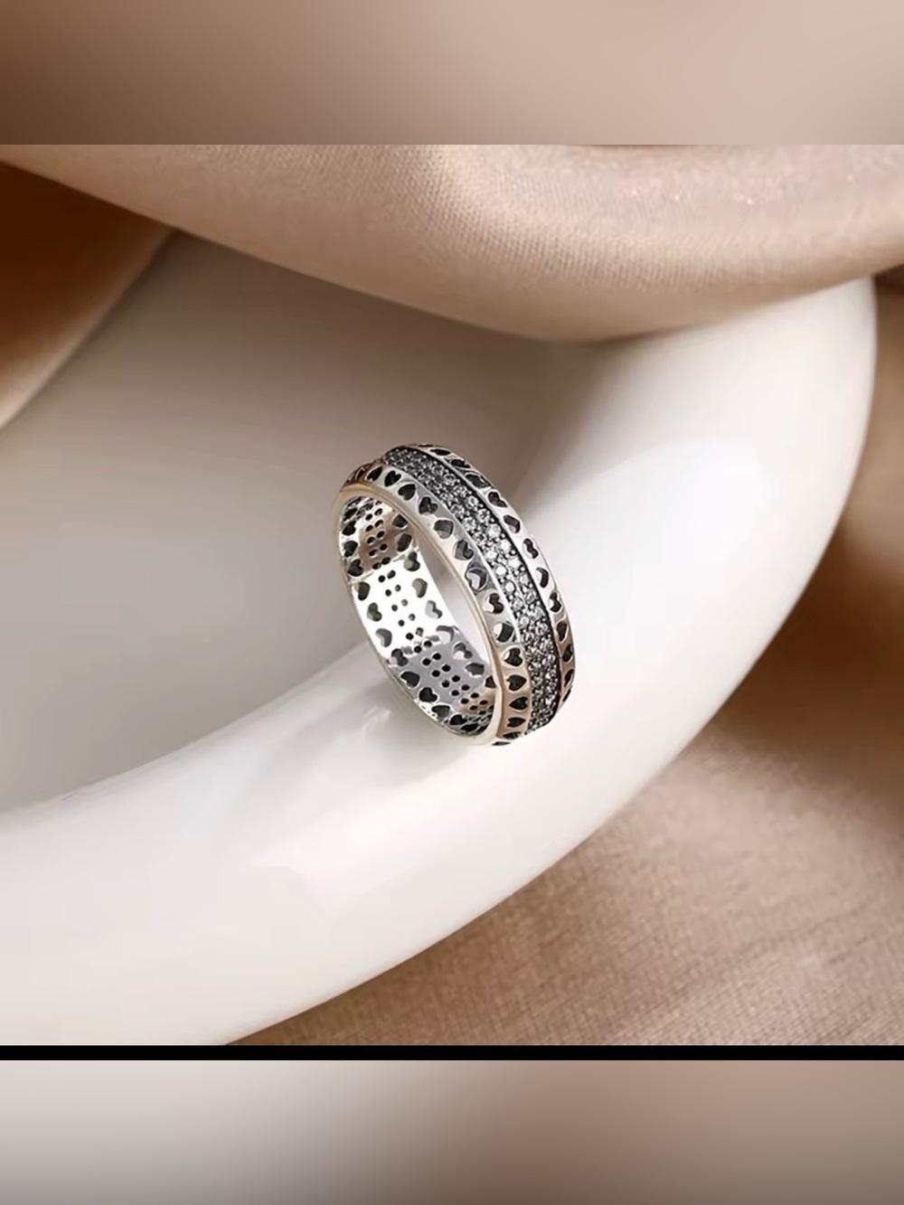 Sterling Silver Heart & Pavé Band Ring - Women's Silver Heart Ring